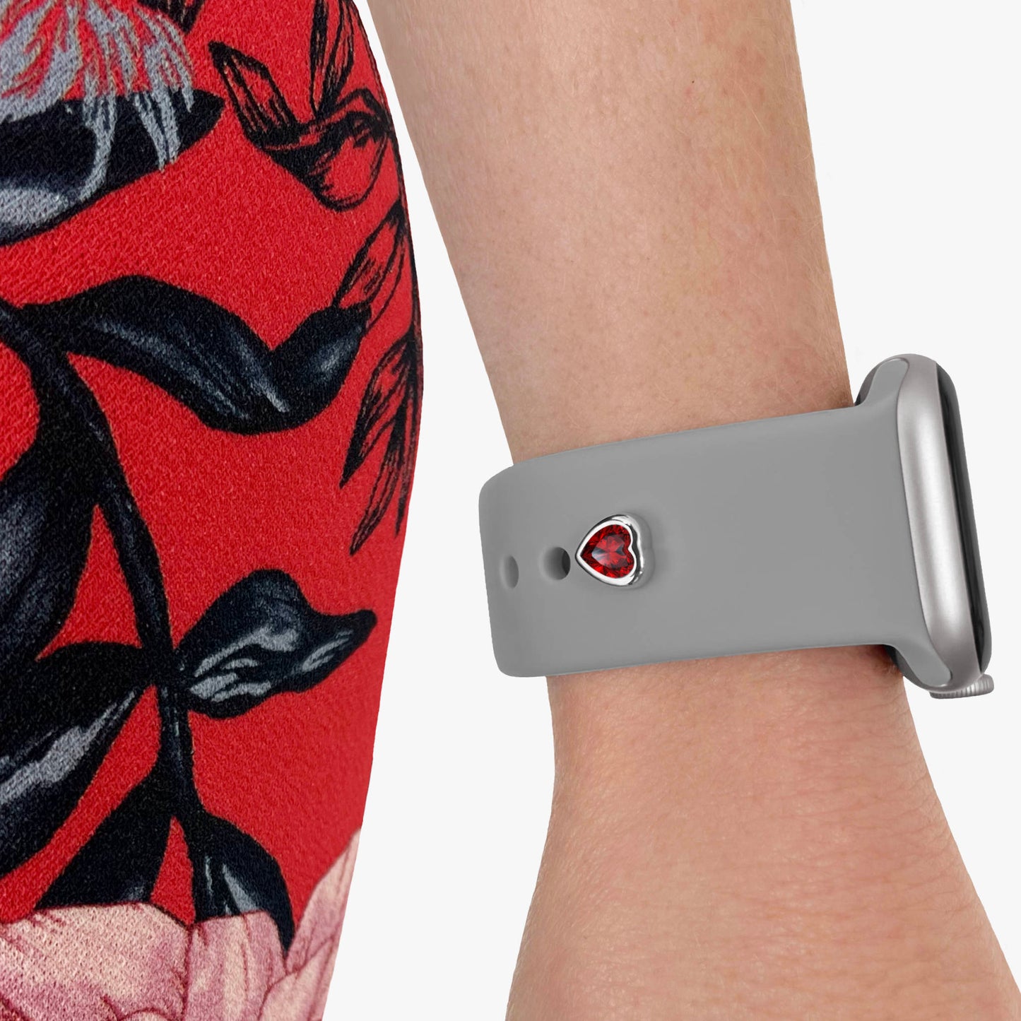 Pamoro® Charm für Apple Watch Sportarmbänder - Schmuck Herz in echt Silber rhodiniert mit Cubic Zirkonia in rot - Schraubmechanik