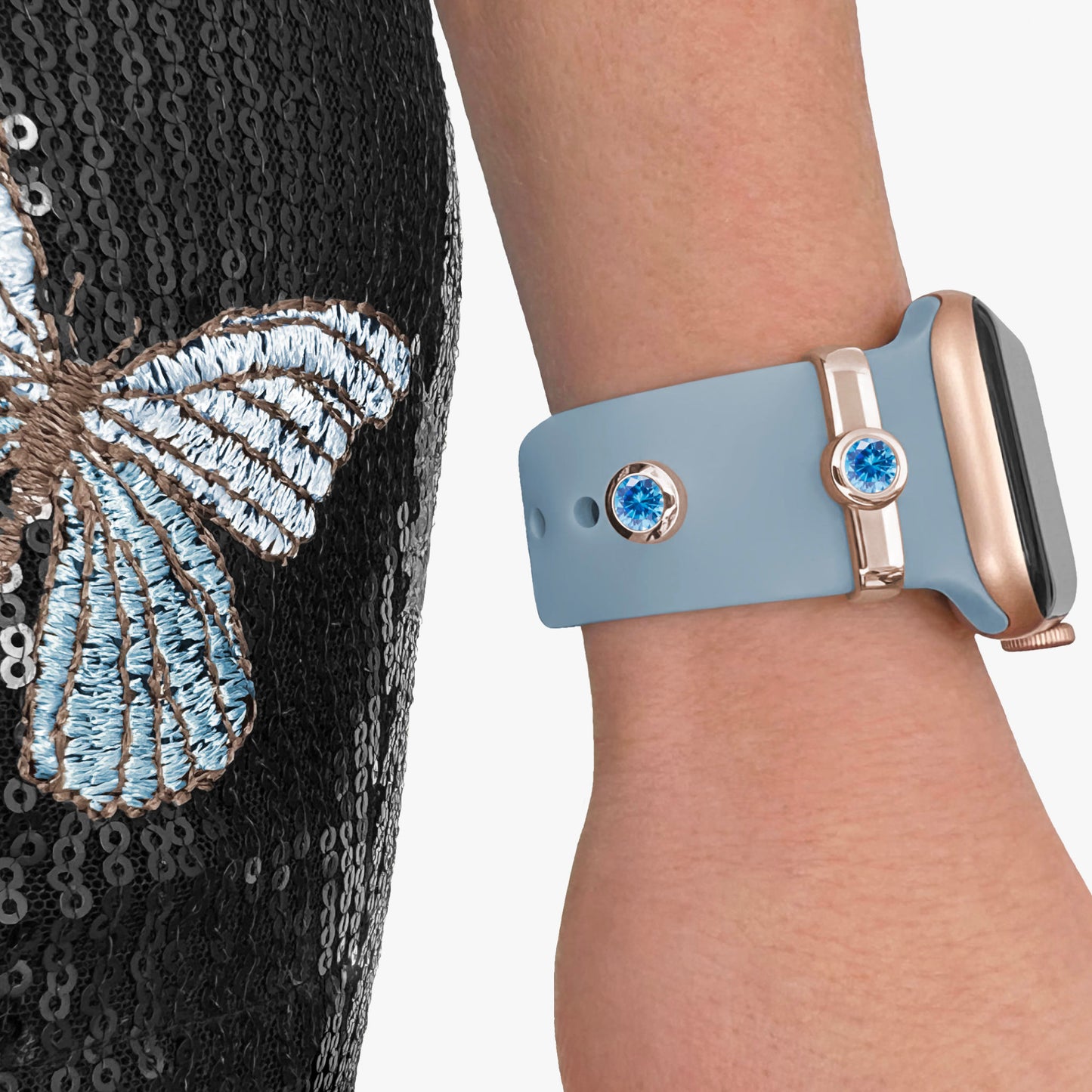 Pamoro® Charm für Apple Watch Sportarmbänder - Schmuck in Silber 24k Roségold plattiert - synth. Aquamarin - Schraubmechanik