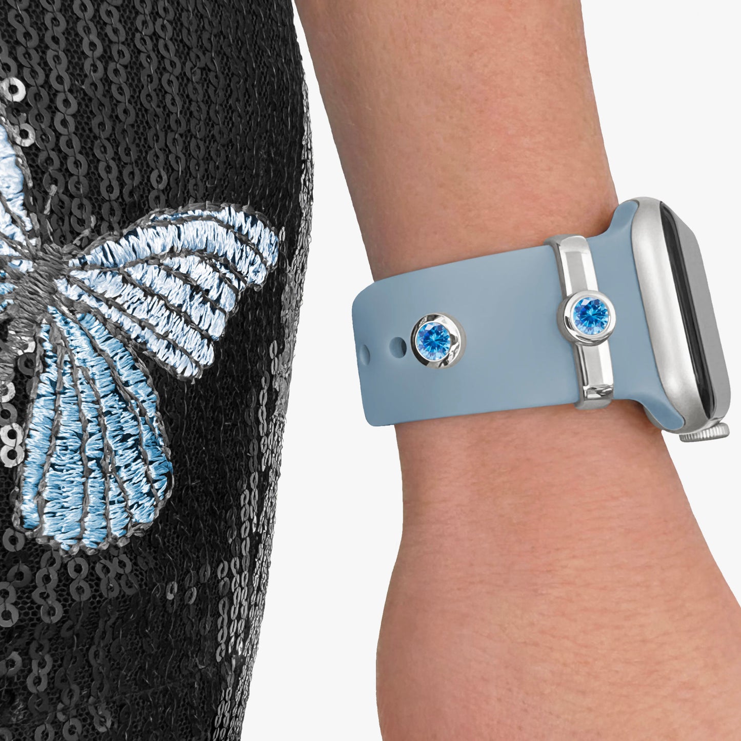 Pamoro® Loop für Apple Watch Sportarmbänder - Schmuck Charm in Sterlingsilber rhodiniert - synth. Aquamarin