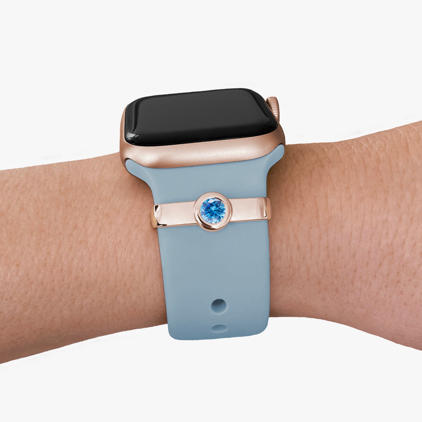 Pamoro® Schmuck Loop für Apple Watch Sportarmbänder - Silber 24k Roségold plattiert - synth. Aquamarin