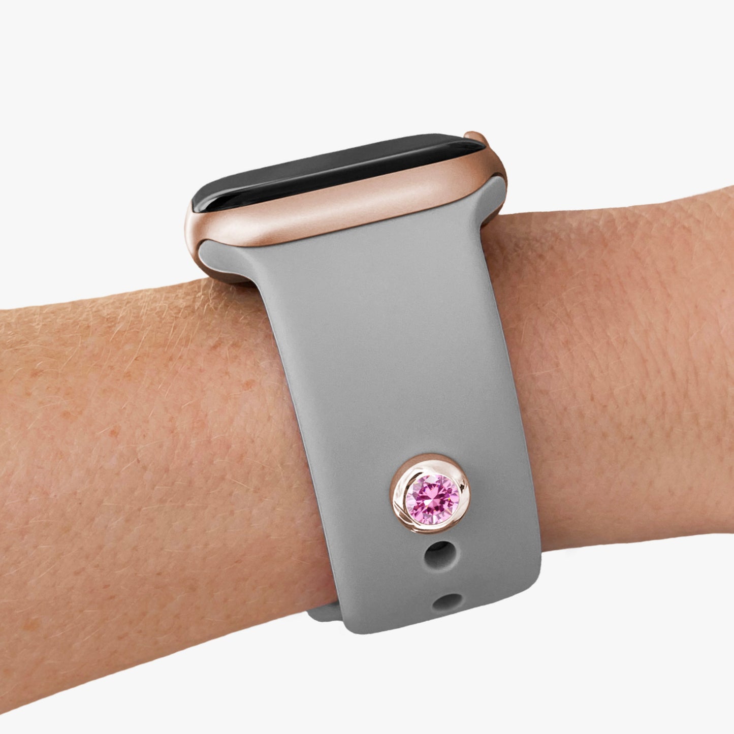 Pamoro® Charm für Apple Watch Sportarmbänder - Schmuck in Silber 24k Roségold plattiert mit Cubic Zirkonia in pink - Schraubmechanik
