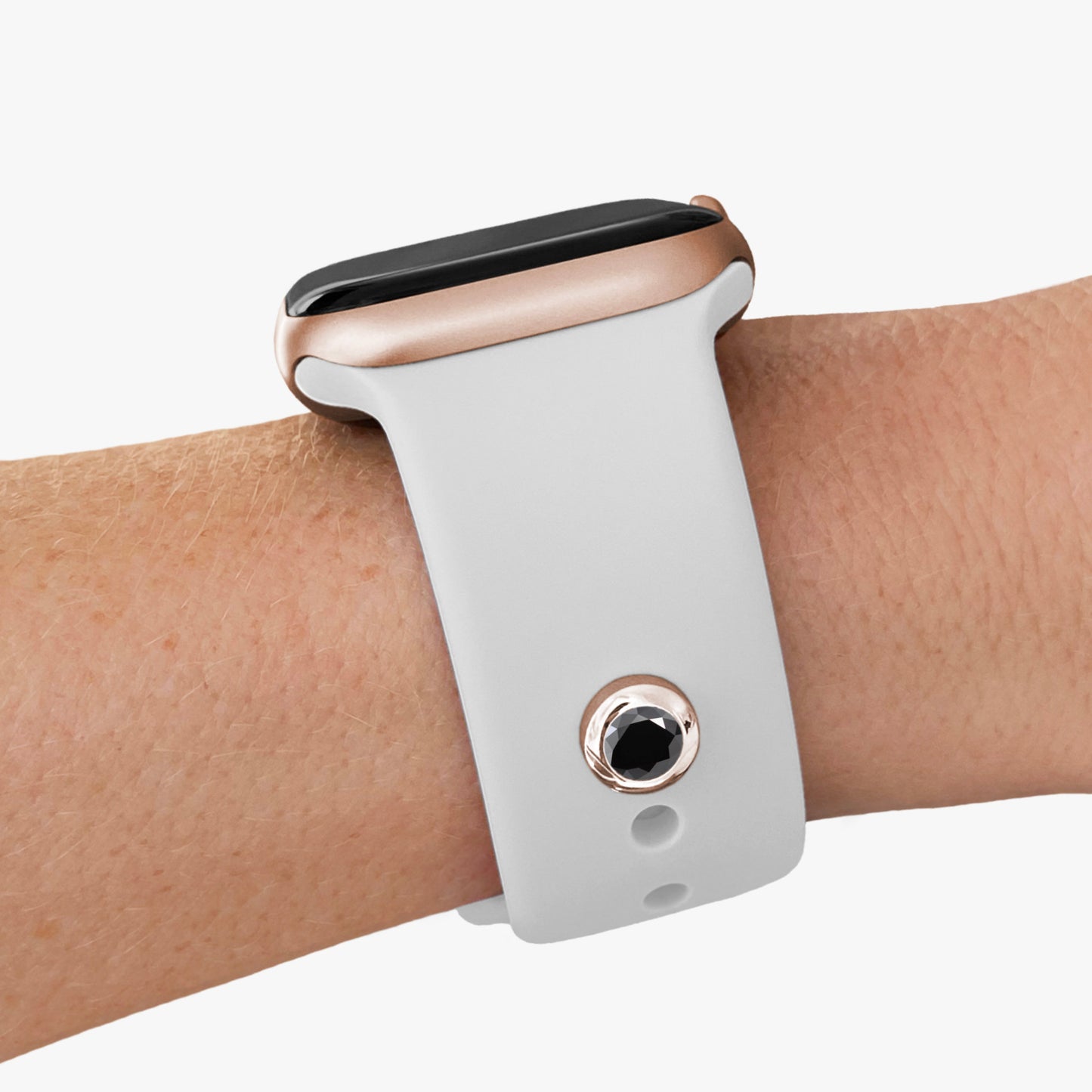 Pamoro® Charm für Apple Watch Sportarmbänder - Schmuck in Silber 24k Roségold plattiert mit Cubic Zirkonia in schwarz - Schraubmechanik