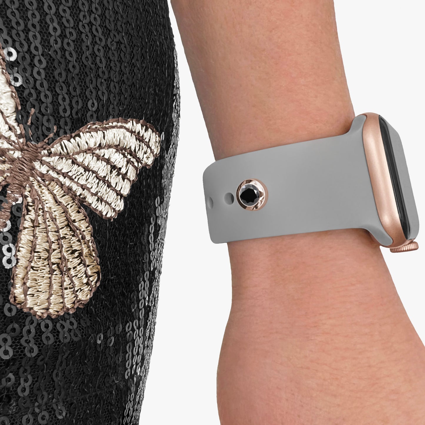 Pamoro® Charm für Apple Watch Sportarmbänder - Schmuck in Silber 24k Roségold plattiert mit Cubic Zirkonia in schwarz - Schraubmechanik