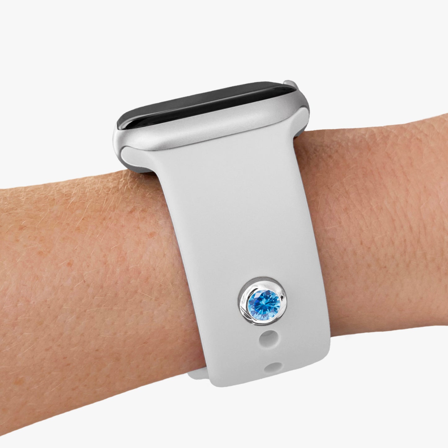 Pamoro® Charm für Apple Watch Sportarmbänder - Schmuck in echt Silber rhodiniert mit synth. Aquamarin - Schraubmechanik