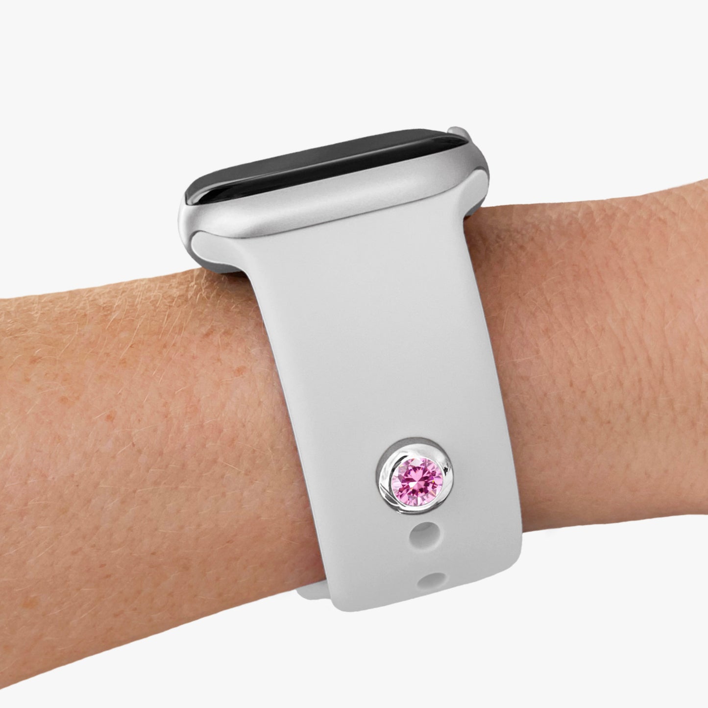 Pamoro® Charm für Apple Watch Sportarmbänder - Schmuck in echt Silber rhodiniert mit Cubic Zirkonia in pink - Schraubmechanik
