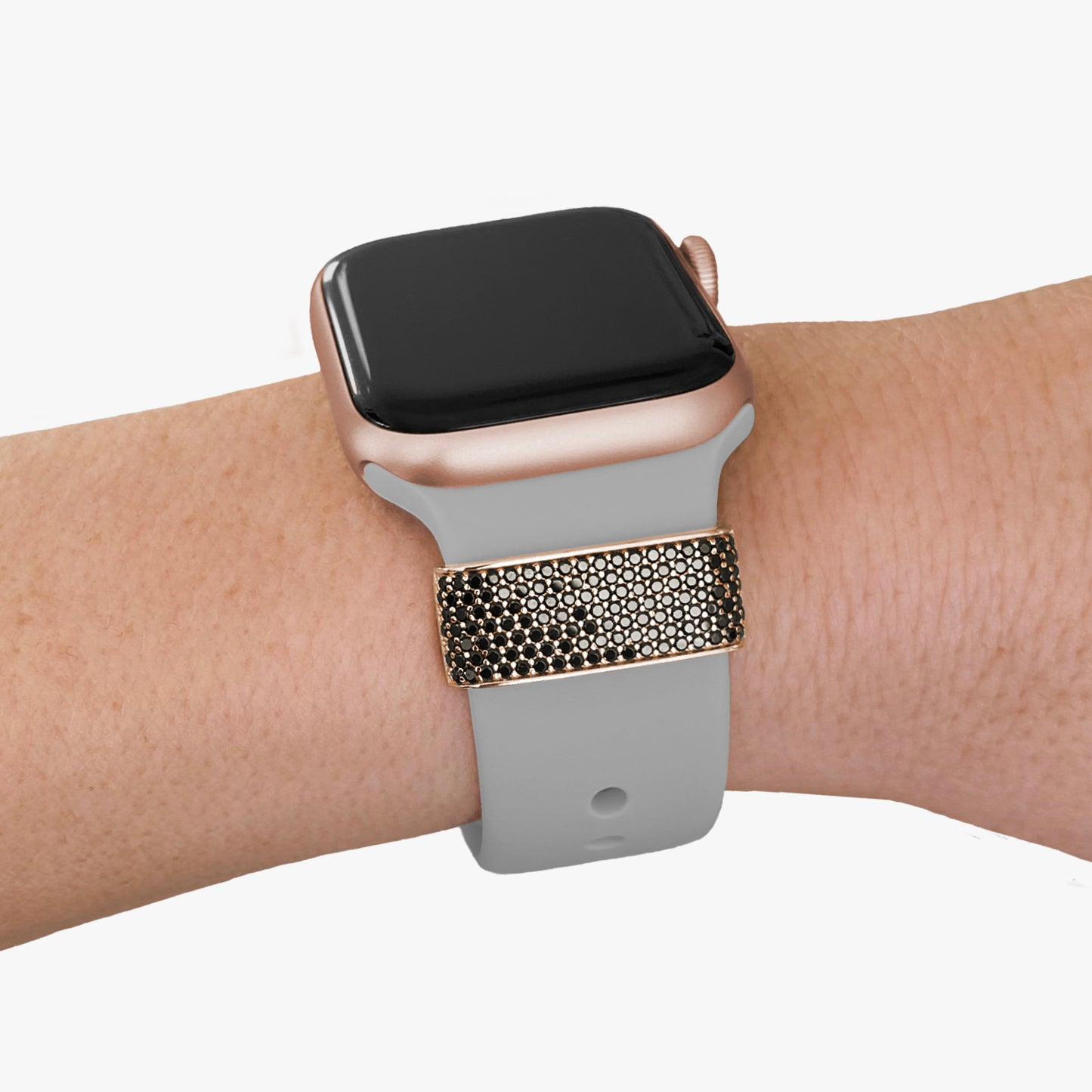 Pamoro® Loop für Apple Watch Sportarmband - Schmuck Charm in Silber mit 24k Roségold Auflage - 129 schwarze Cubic Zirkonia