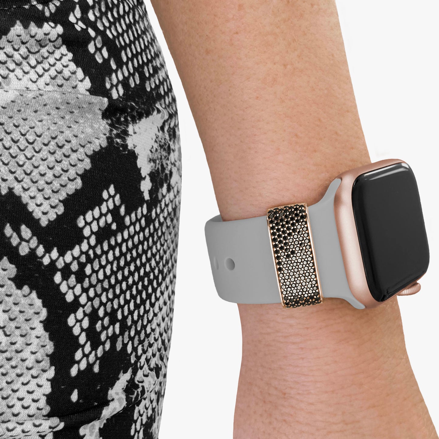 Pamoro® Loop für Apple Watch Sportarmband - Schmuck Charm in Silber mit 24k Roségold Auflage - 129 schwarze Cubic Zirkonia
