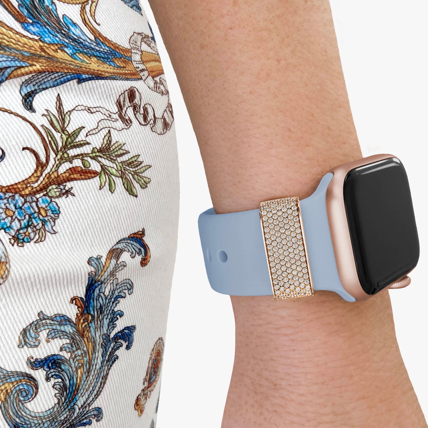 Pamoro® Loop für Apple Watch Sportarmband - Schmuck Charm in echt Silber mit 24k Roségold Auflage - 129 weiße Cubic Zirkonia
