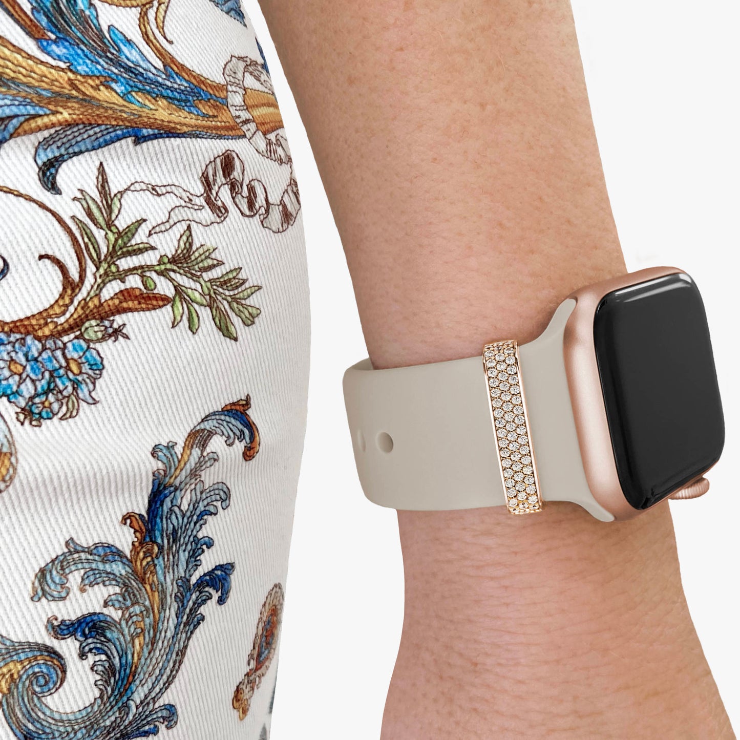 Pamoro® Loop für Apple Watch Sportarmbänder - Schmuck Charm in echt Silber 24k Roségold plattiert - 55 weiße Cubic Zirkonia im Brillantschliff