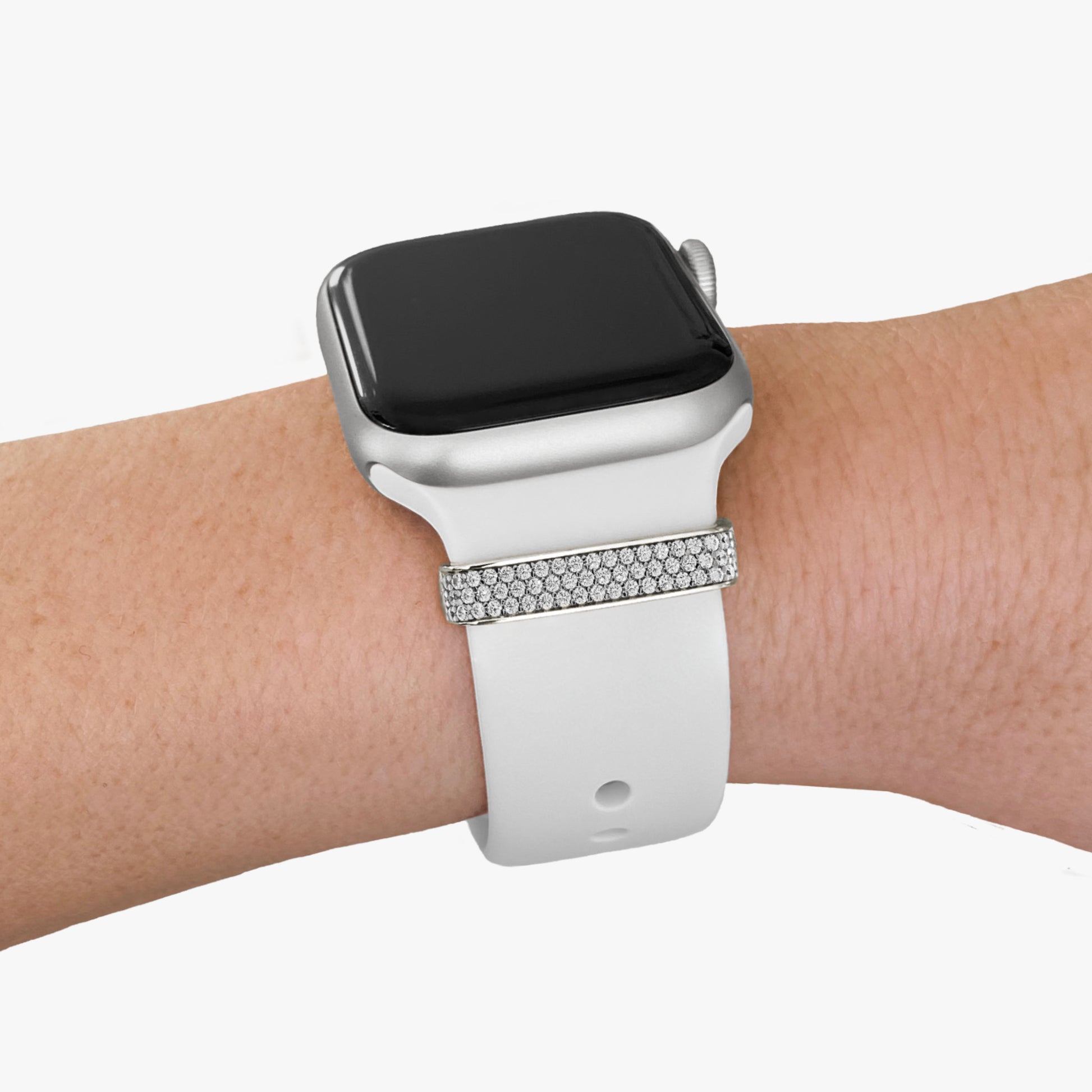 Pamoro® Loop für dein Apple Watch Sportarmband - Schmuck Charm in echt Silber rhodiniert - 55 weiße Cubic Zirkonia im Brillantschliff