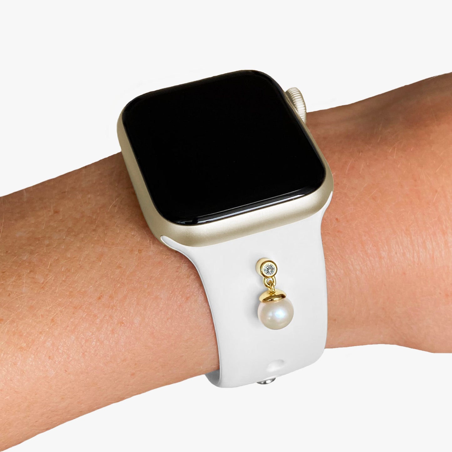 Pamoro® Schmuck Set für deine Apple Watch - Sportarmband in weiß + Charm in echt Silber vergoldet - bewegliche echte Süßwasserperle und weißer Cubic Zirkonia