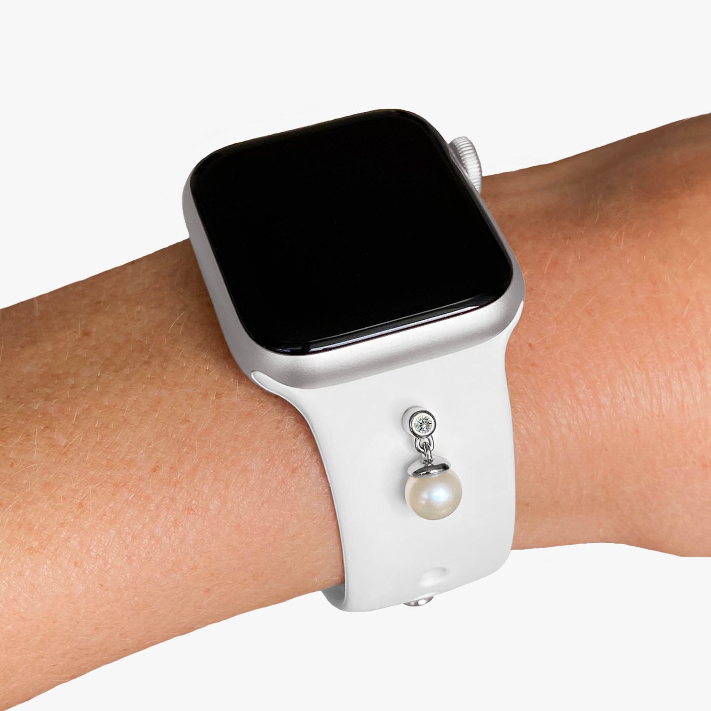 Pamoro® Schmuck Set für Apple Watch - Sportarmband in weiß + Charm in echt Silber rhodiniert - bewegliche echte Süßwasserperle und weißem Cubic Zirkonia