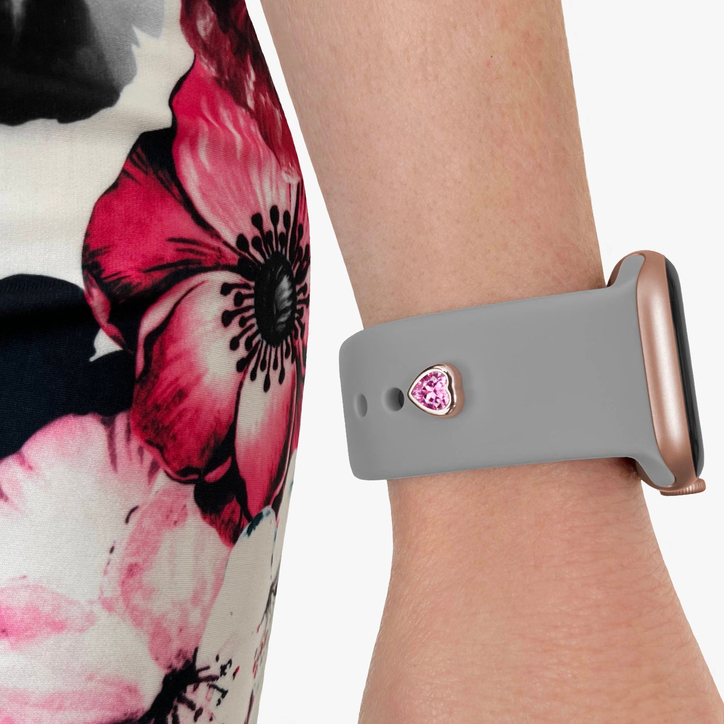 Pamoro® Charm für Apple Watch Sportarmbänder - Schmuck in Silber 24k Roségold plattiert - pinker Cubic Zirkonia im Herzschliff - Schraubmechanik