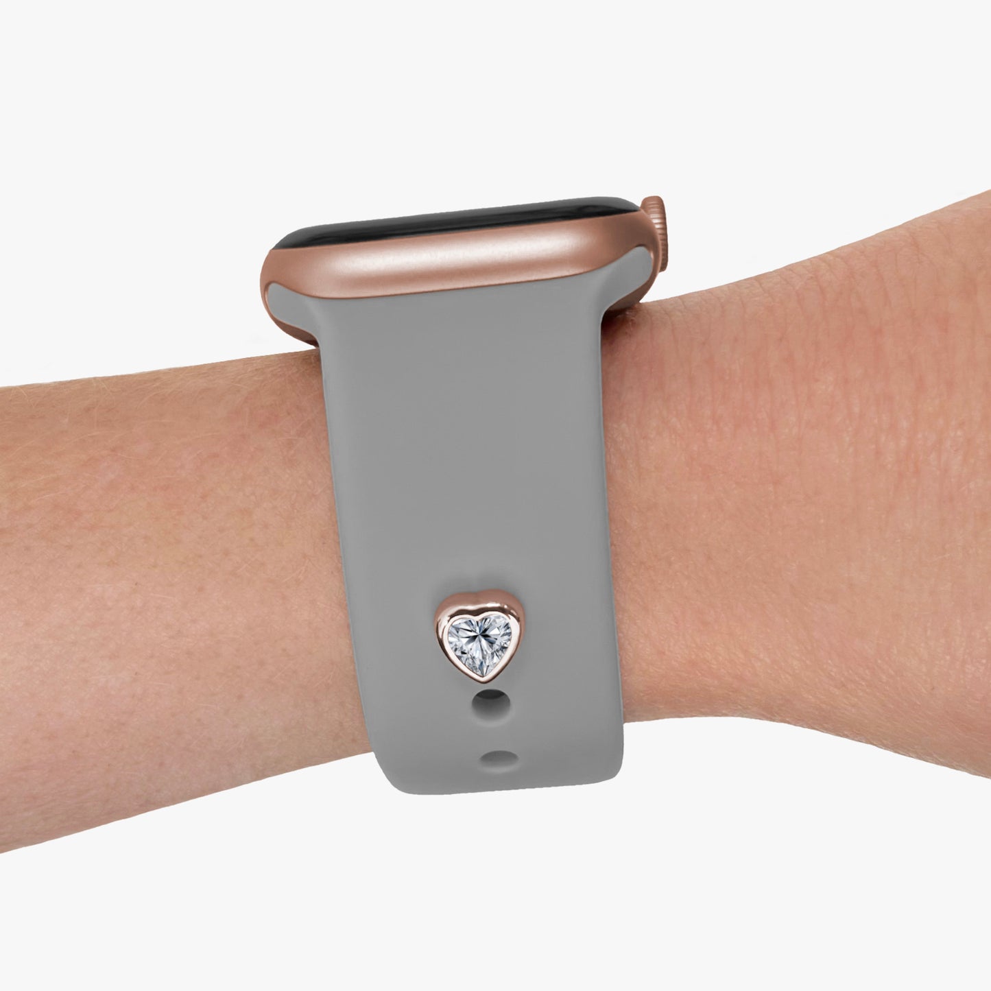Pamoro® Charm für Apple Watch Sportarmbänder - Schmuck Herz in Silber 24k Roségold plattiert mit Cubic Zirkonia in weiß - Schraubmechanik
