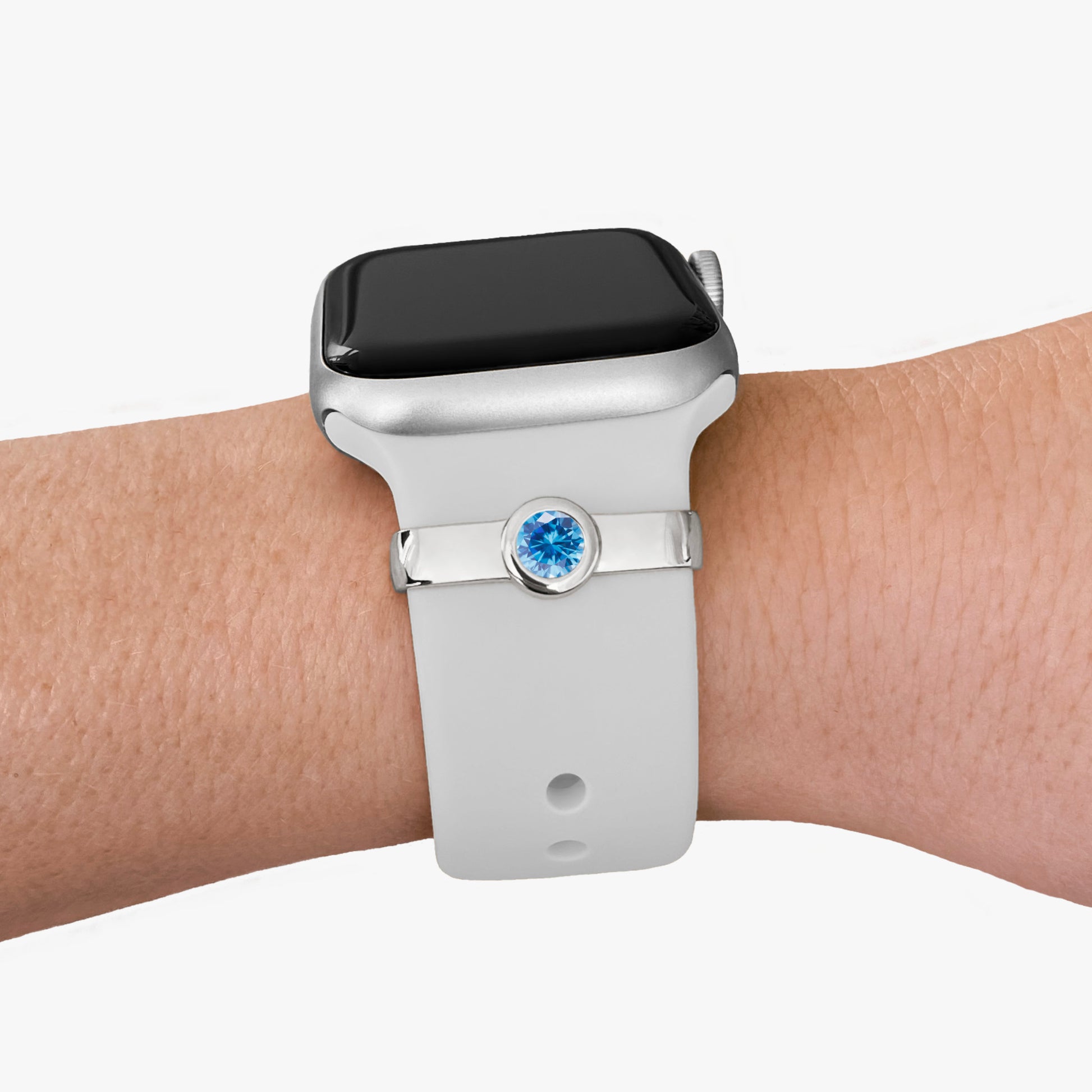 Pamoro® Loop für Apple Watch Sportarmbänder - Schmuck Charm in Sterlingsilber rhodiniert - synth. Aquamarin