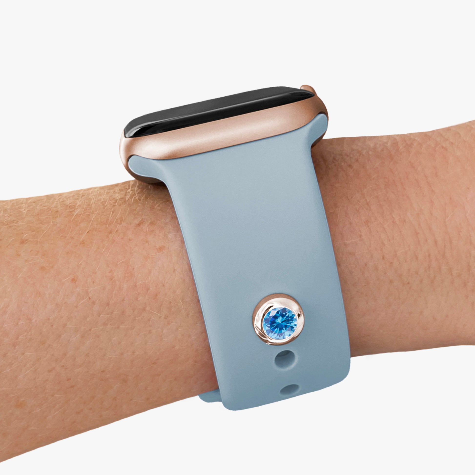 Pamoro® Charm für Apple Watch Sportarmbänder - Schmuck in Silber 24k Roségold plattiert - synth. Aquamarin - Schraubmechanik