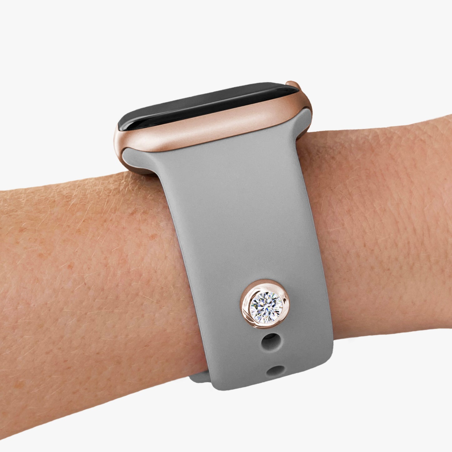 Pamoro® Charm für Apple Watch Sportarmbänder - Schmuck in Silber 24k Roségold plattiert mit Cubic Zirkonia in weiß - Schraubmechanik