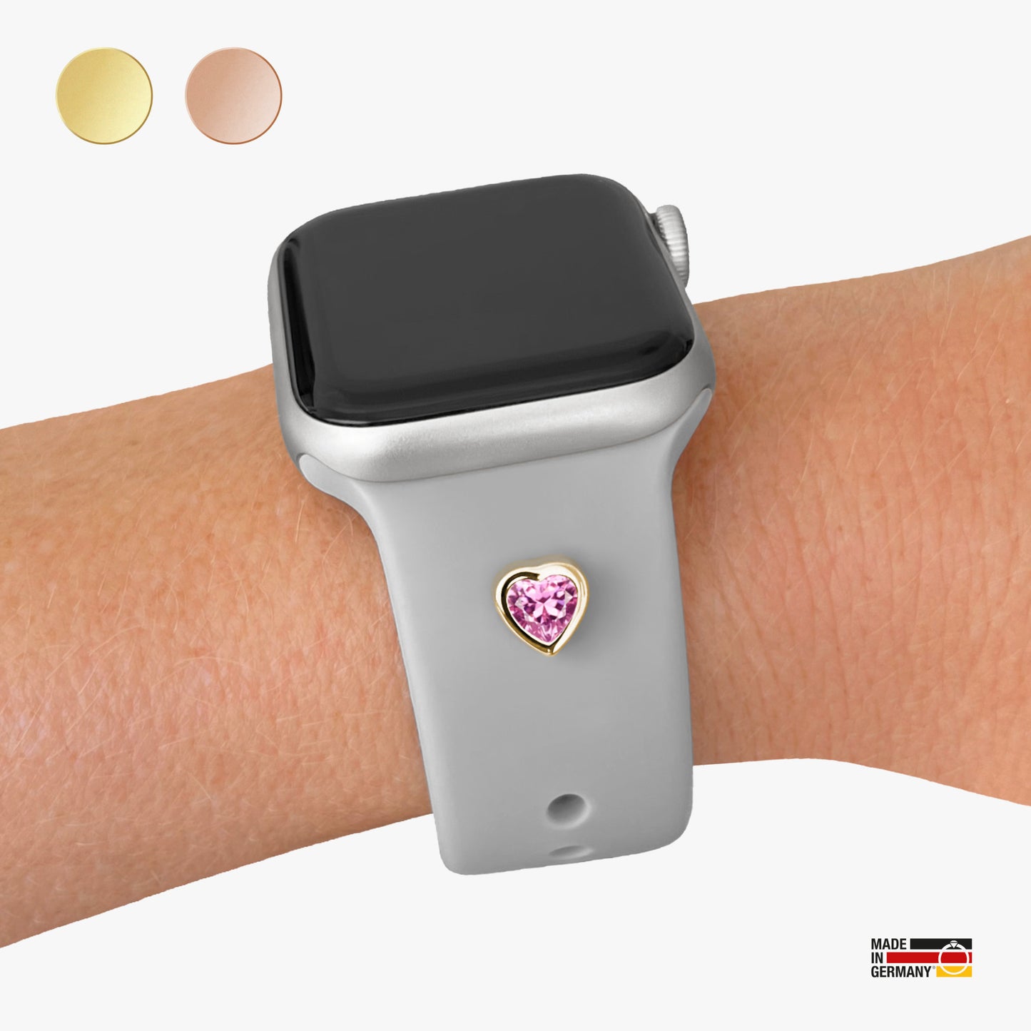 Pamoro® Schmuck Set für Apple Watch - Sportarmband hellgrau + Charm in echt Silber 24k Gold plattiert - Cubic Zirkonia pink im Herzschliff 