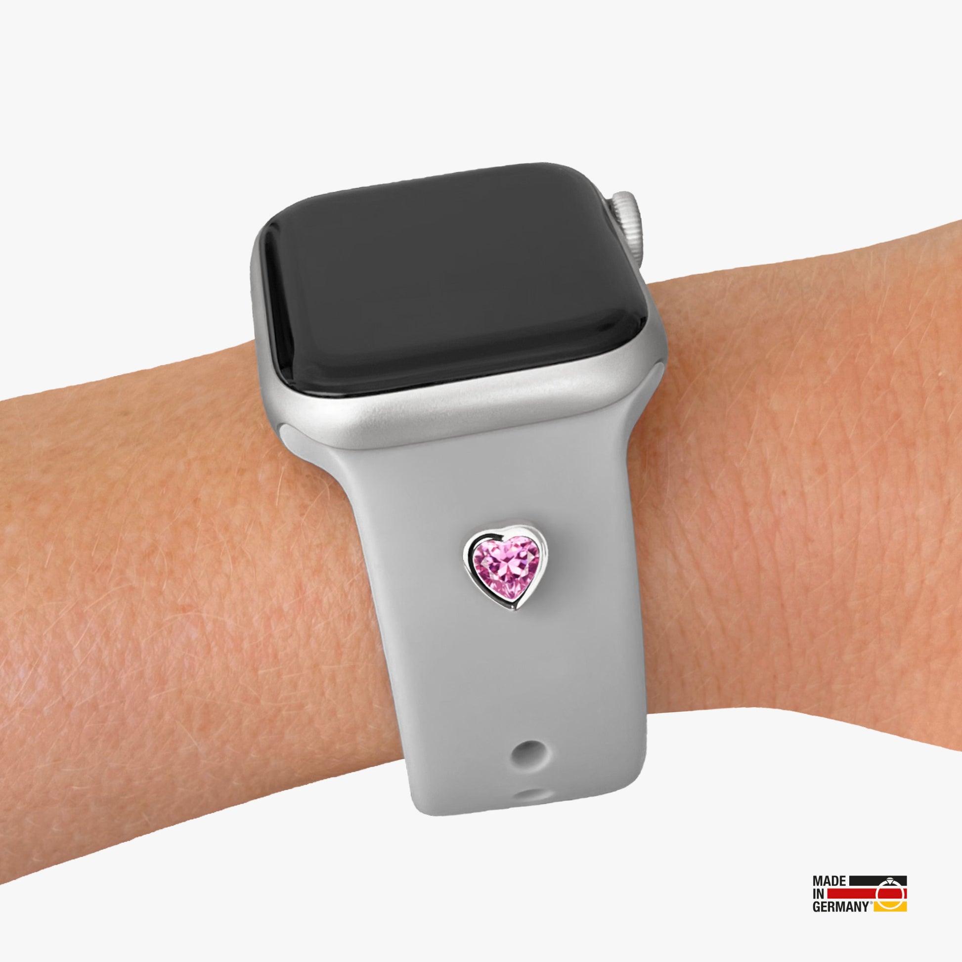 Pamoro® Schmuck Set für Apple Watch - Sportarmband hellgrau + Charm in echt Silber rhodiniert - Cubic Zirkonia pink im Herzschliff 