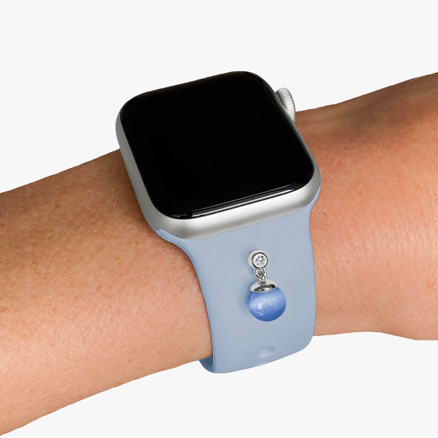 Pamoro® Schmuck Set für Apple Watch - Sportarmband hellblau + Charm in echt Silber rhodniert - bewegliche hellblaue Kugel und weißer Cubic Zirkonia