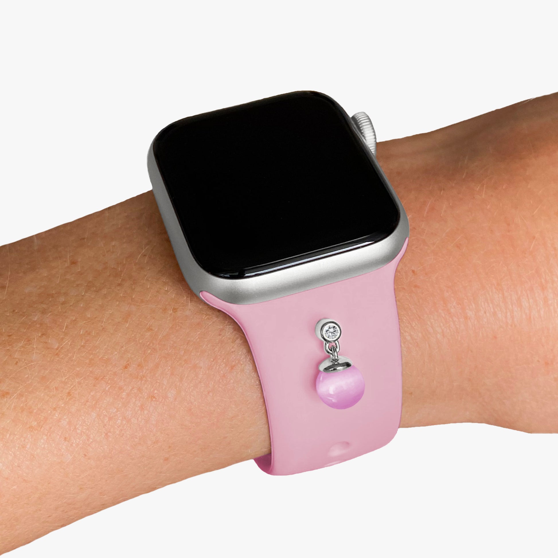 Pamoro® Schmuck Set für Apple Watch - Sportarmband hellrosa + Charm in echt Silber rhodiniert - bewegliche rosa Kugel und weißer Cubic Zirkonia