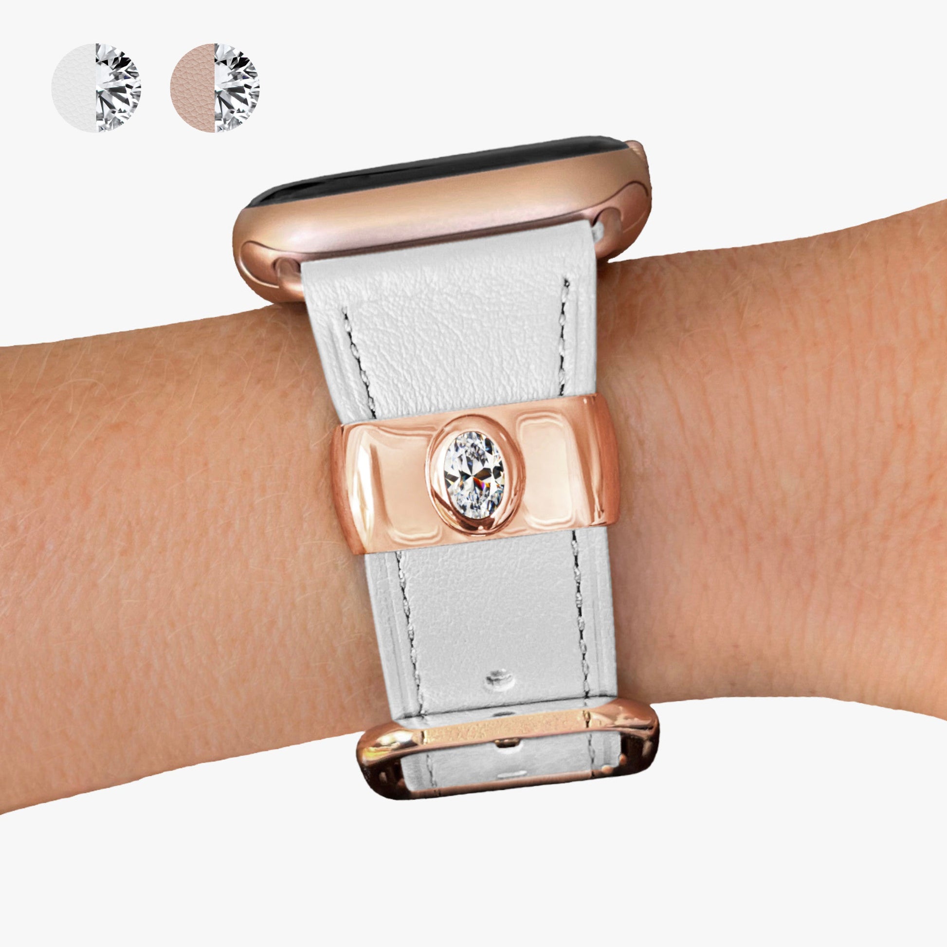 Pamoro® Apple Watch Schmuck Set - Lederband weiß + Charm in echt Silber Rosé vergoldet - ovaler weißer Cubic Zirkonia 