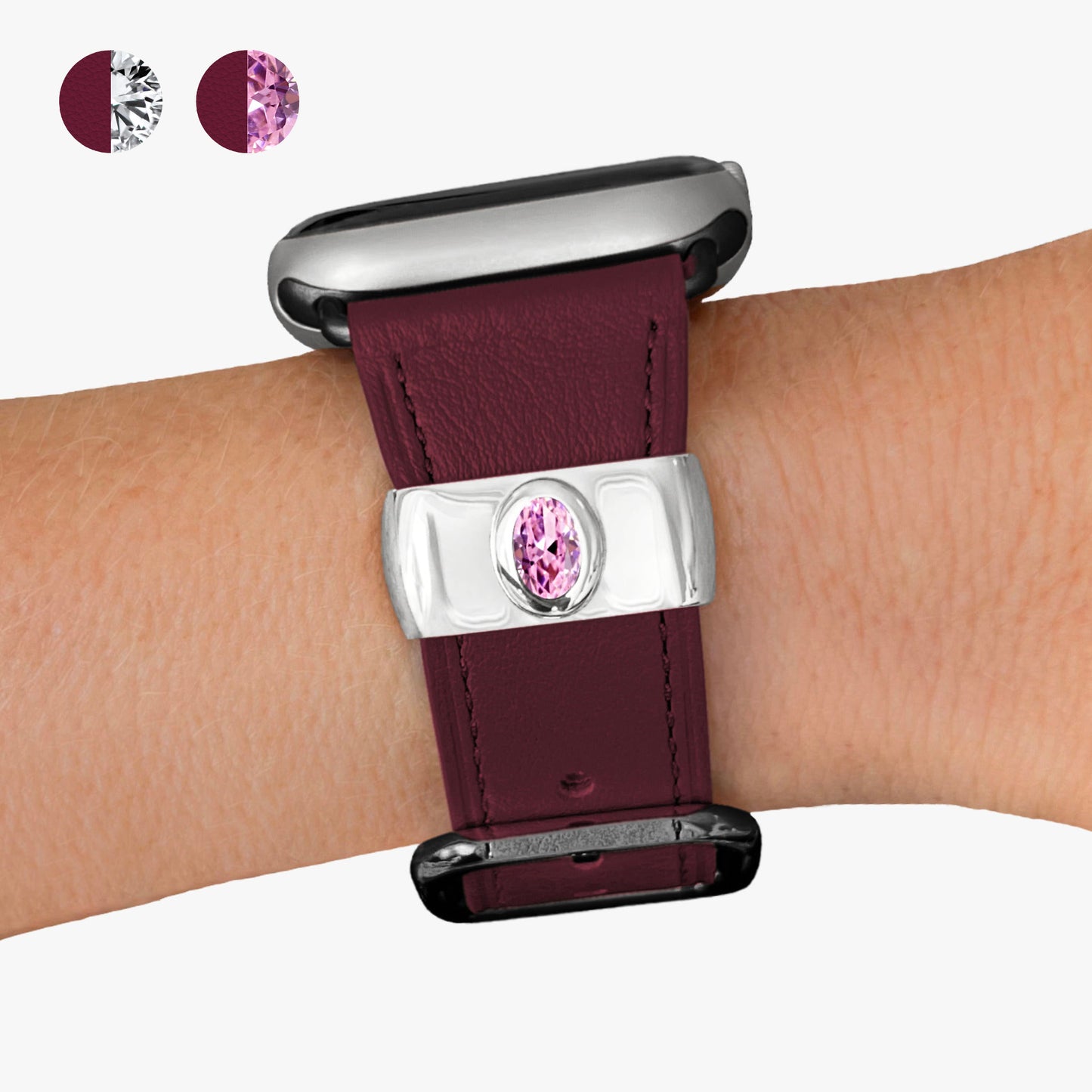 Pamoro® Apple Watch Schmuck Set - Lederband aubergine + Charm in echt Silber rhodiniert - ovaler Cubic Zirkonia in pink